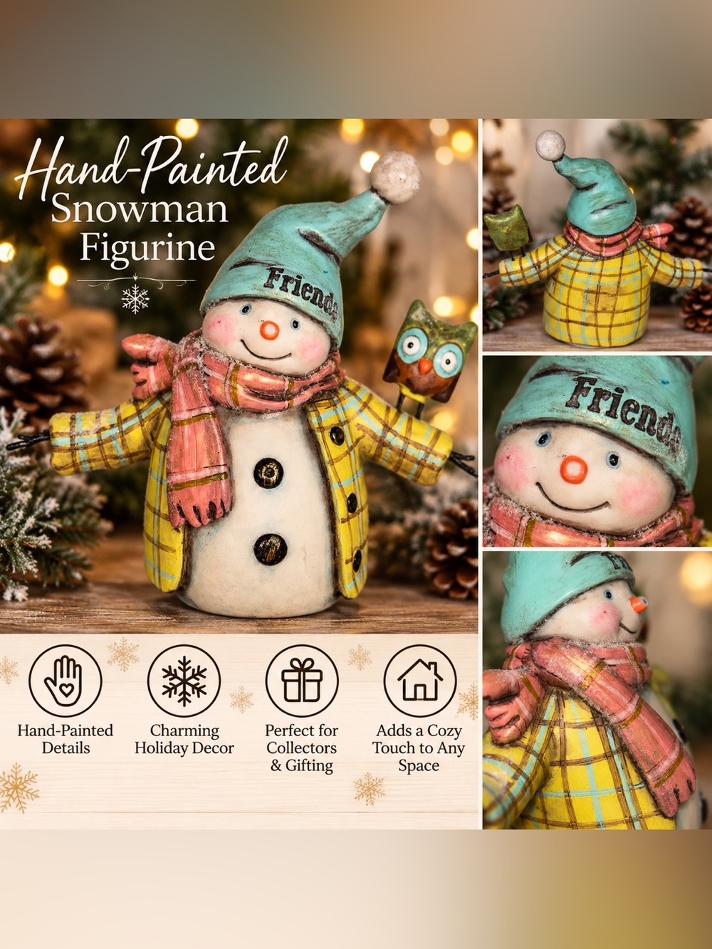 Source Unknown Hand-Painted Snowman Figurine - Teal Hat, Yellow Coat